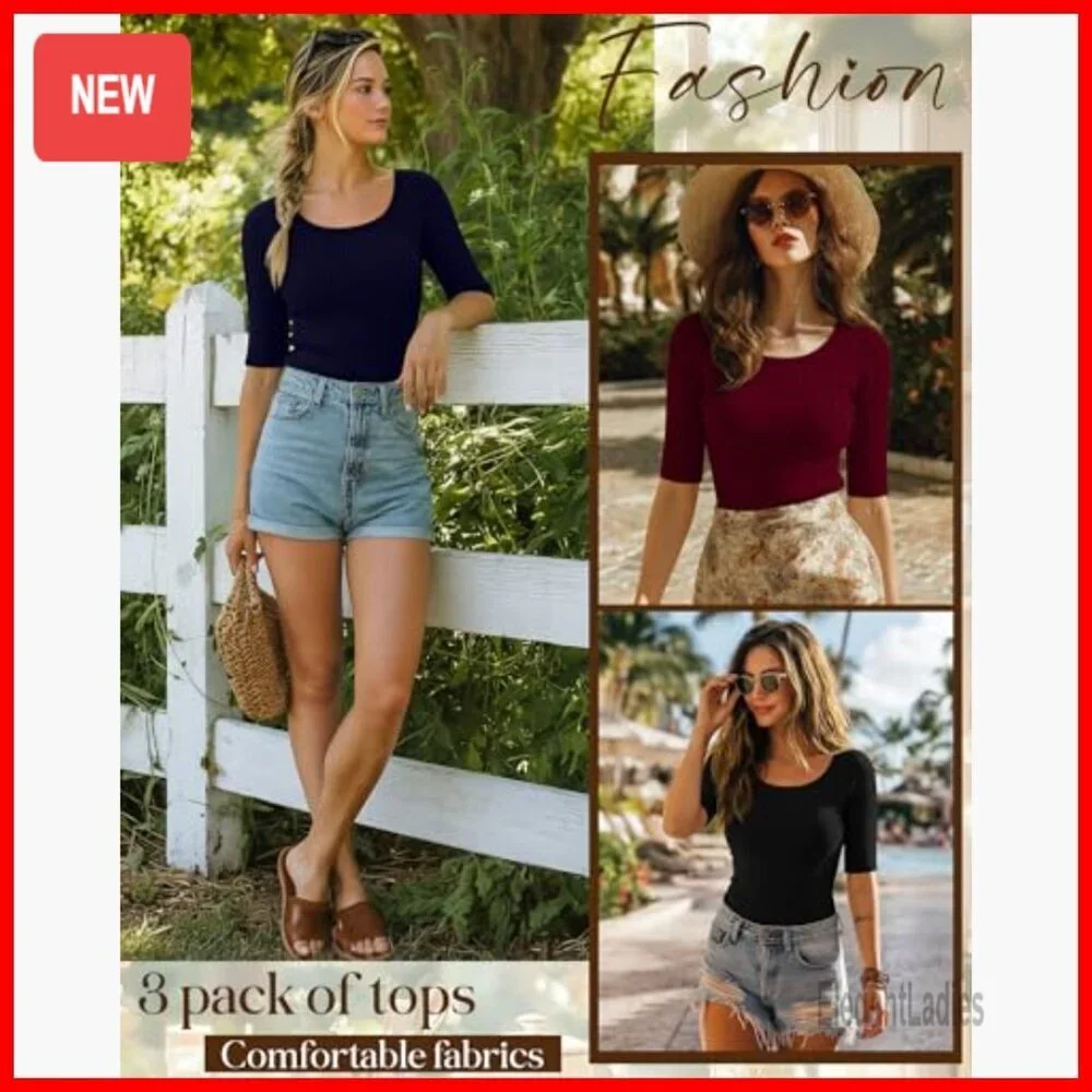 3 Pack Ribbed Half Sleeve Tops Slim Fit Scoop Neck Tees Summer Casual